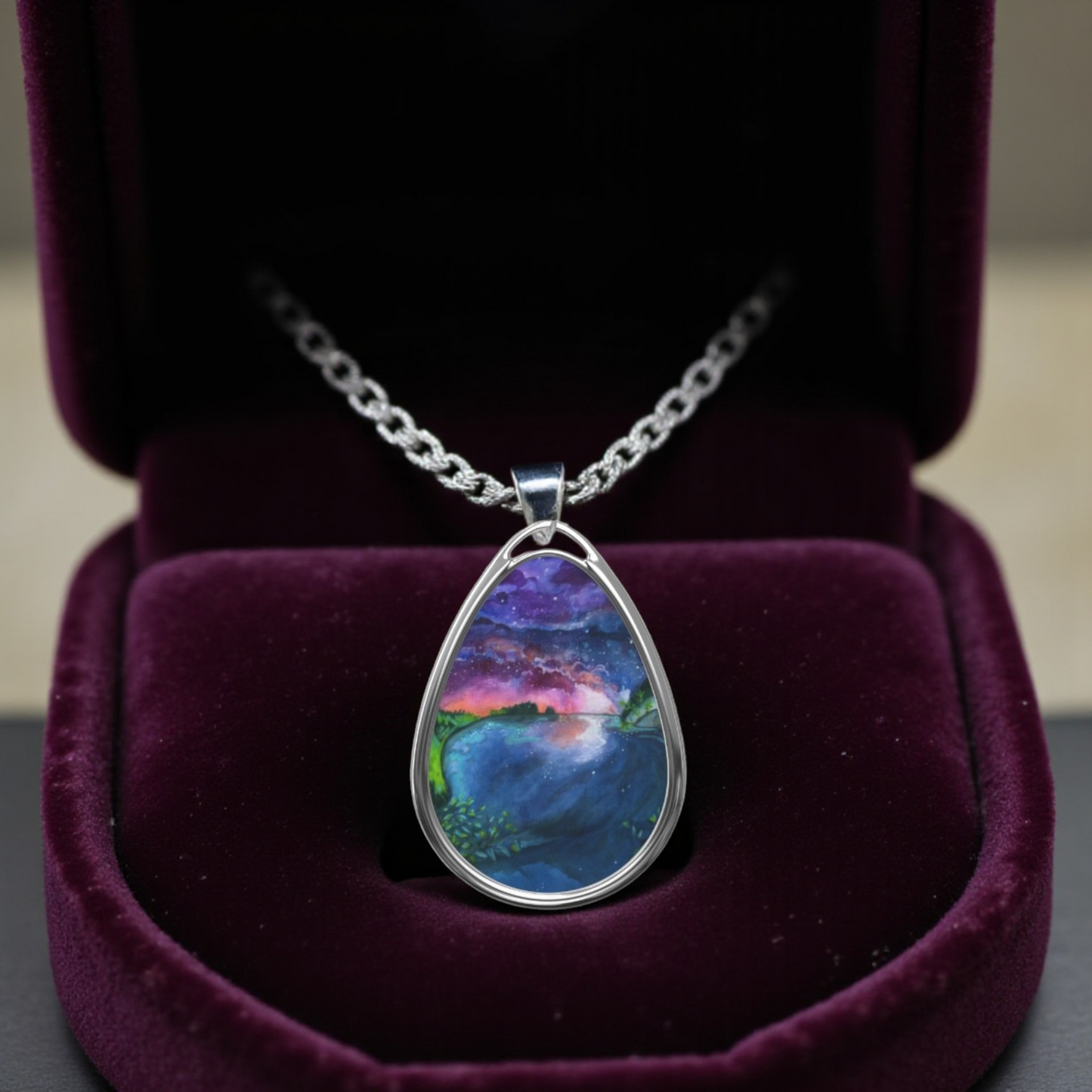 Silver Oval Pendant Necklace with Hand-painted Sunset Lake Watercolor Art