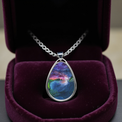 Silver Oval Pendant Necklace with Hand-painted Sunset Lake Watercolor Art