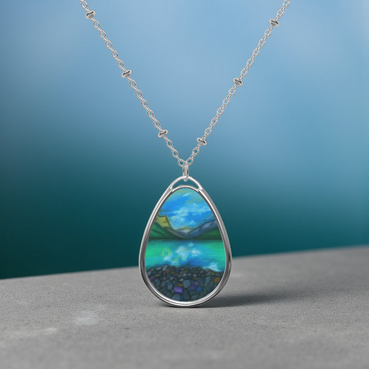Silver Oval Pendant Necklace with Hand-painted Teal Mountain Lake Nature Art