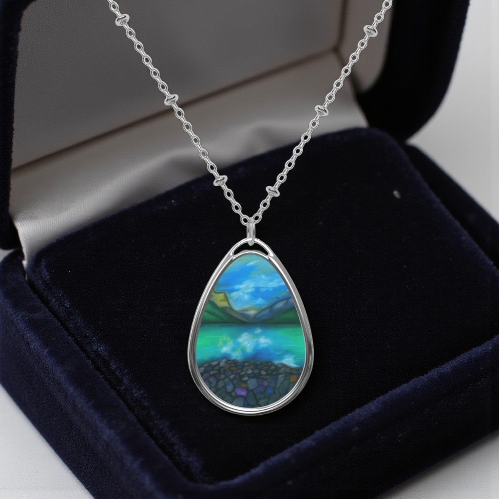 Silver Oval Pendant Necklace with Hand-painted Teal Mountain Lake Nature Art