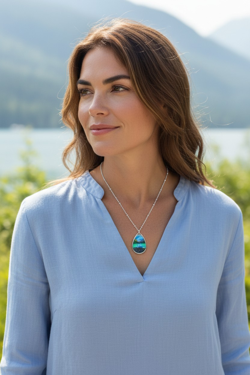 Silver Oval Pendant Necklace with Hand-painted Teal Mountain Lake Nature Art