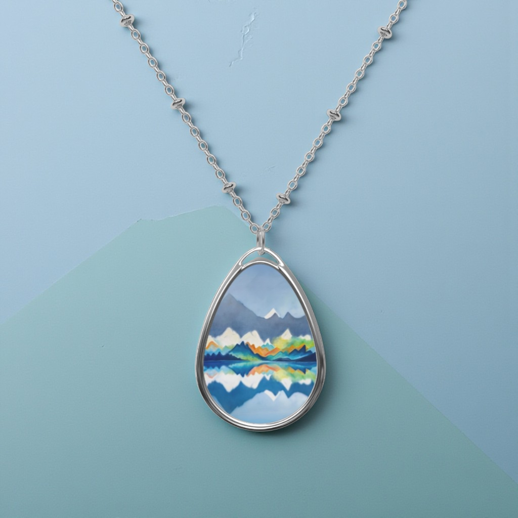 Silver Oval Pendant Necklace with Hand-painted Blue Mountain Range Art