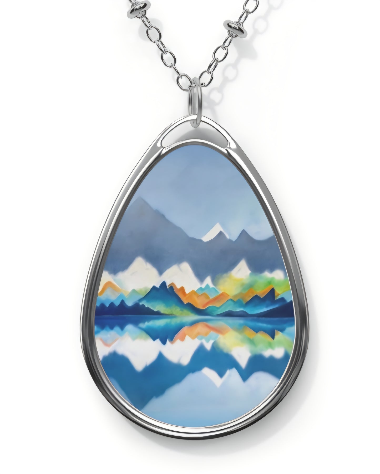 Silver Oval Pendant Necklace with Hand-painted Blue Mountain Range Art