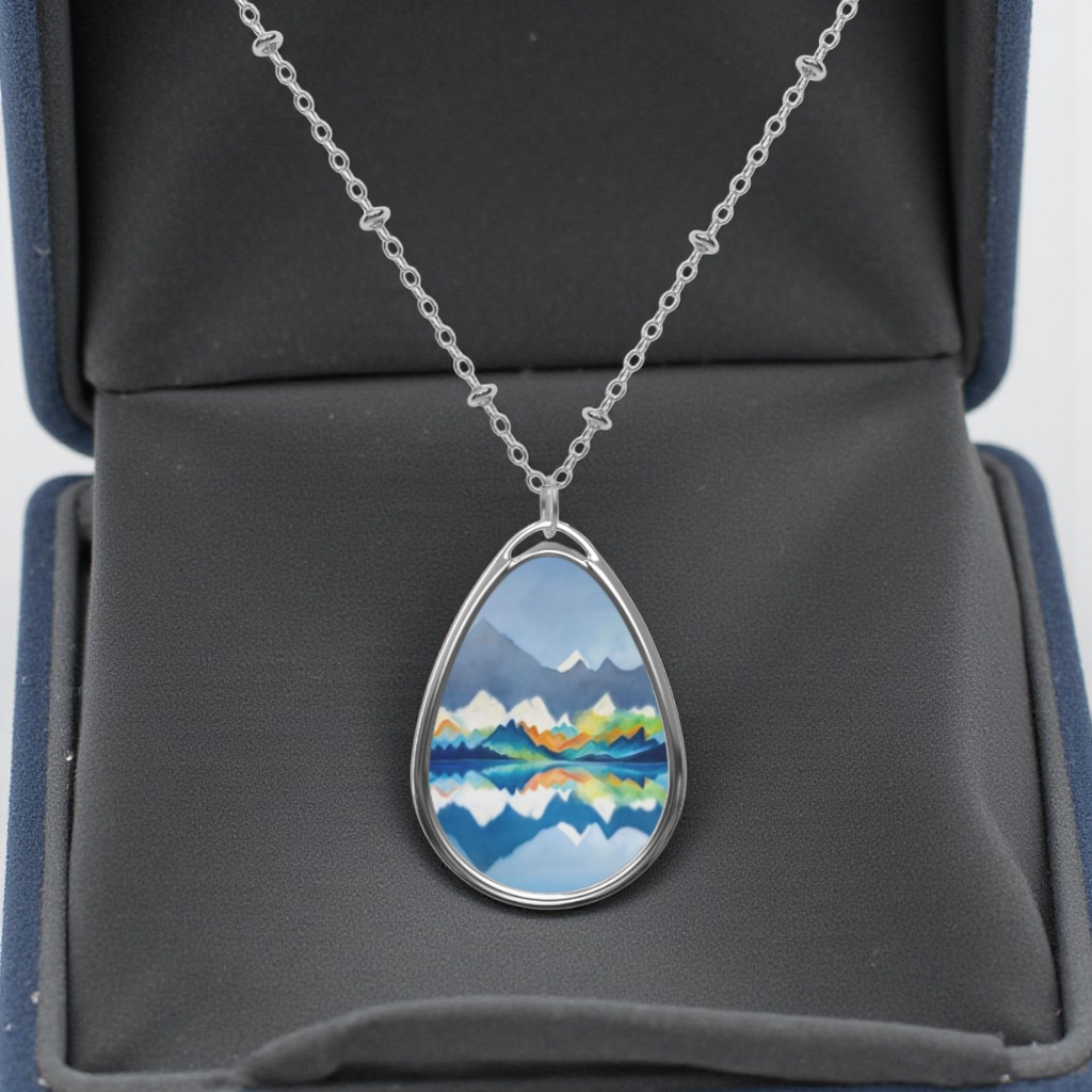 Silver Oval Pendant Necklace with Hand-painted Blue Mountain Range Art