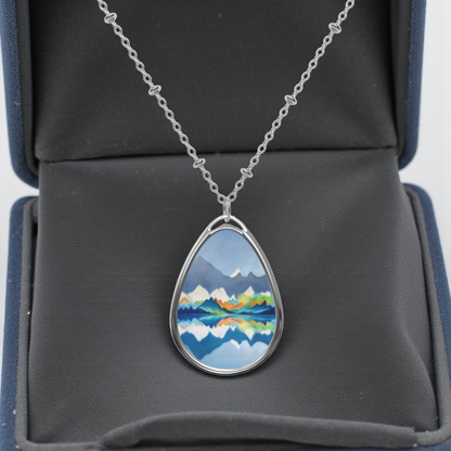 Silver Oval Pendant Necklace with Hand-painted Blue Mountain Range Art