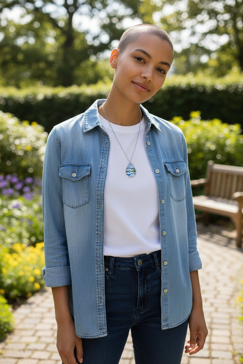 Silver Oval Pendant Necklace with Hand-painted Blue Mountain Range Art