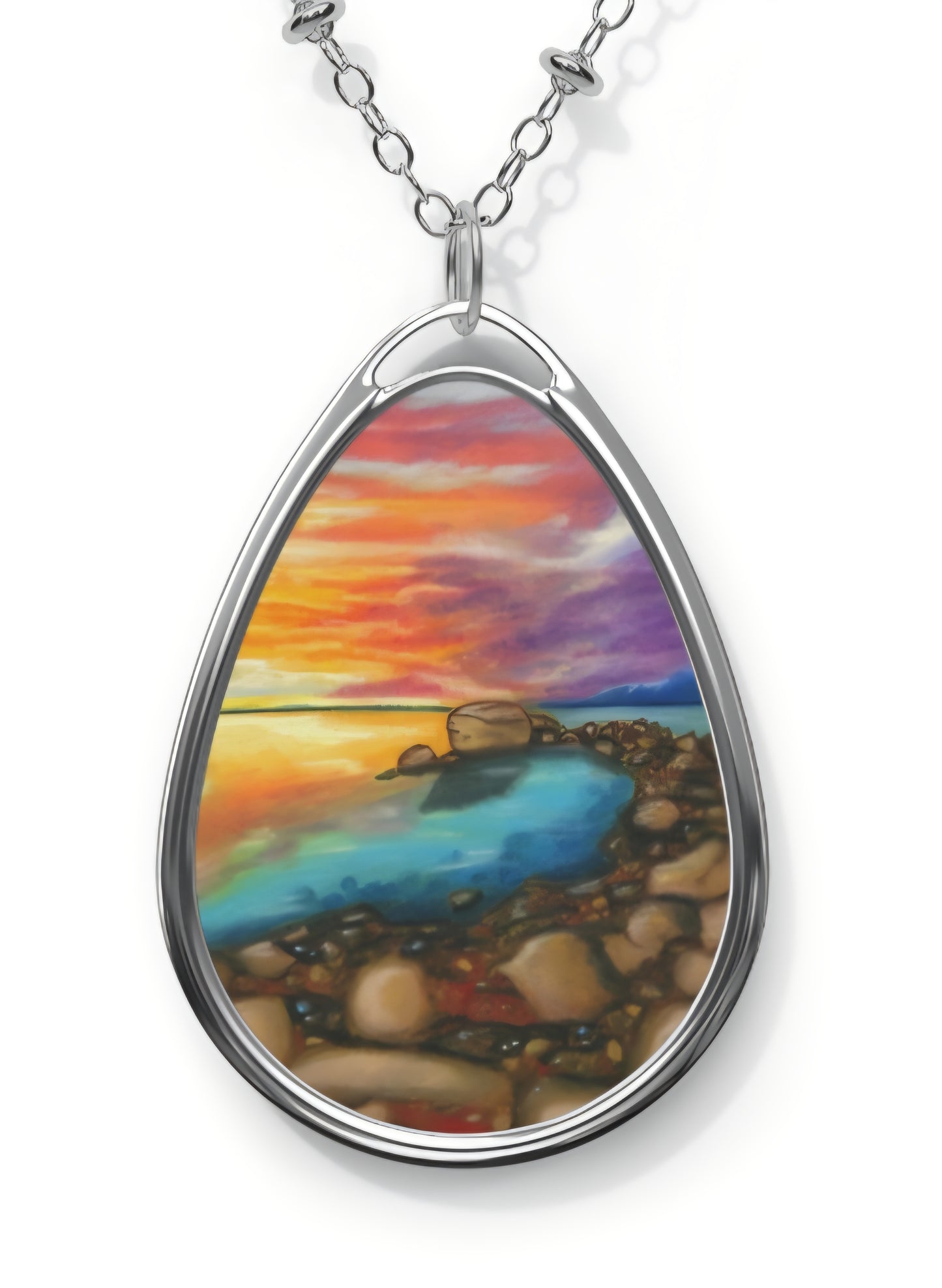 Silver Oval Pendant Necklace with Hand-painted Sunset Ocean Nature Art