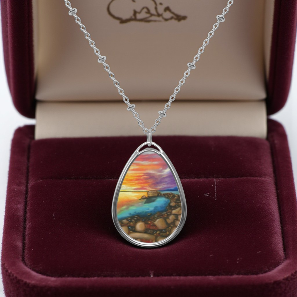 Silver Oval Pendant Necklace with Hand-painted Sunset Ocean Nature Art