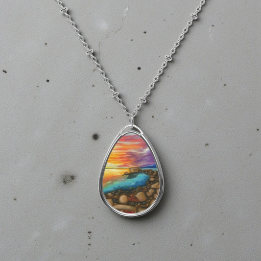 Silver Oval Pendant Necklace with Hand-painted Sunset Ocean Nature Art
