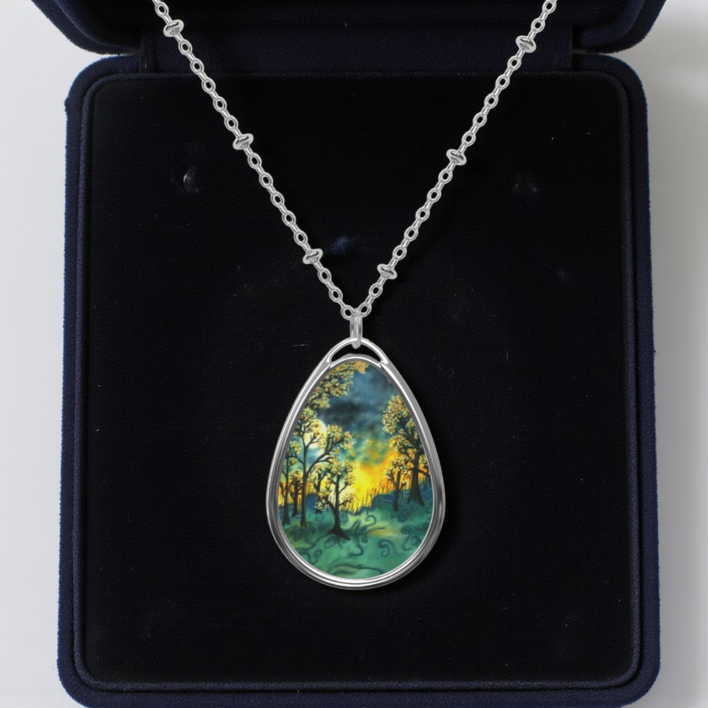 Silver Oval Pendant Necklace with Hand-painted Green Fire Forest Nature Art