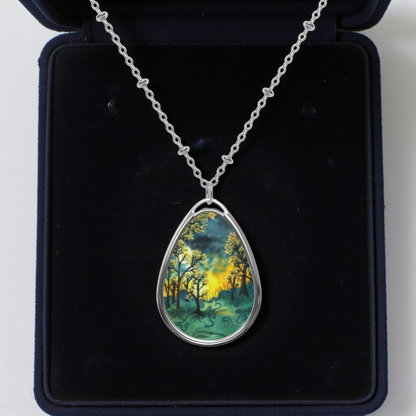 Silver Oval Pendant Necklace with Hand-painted Green Fire Forest Nature Art