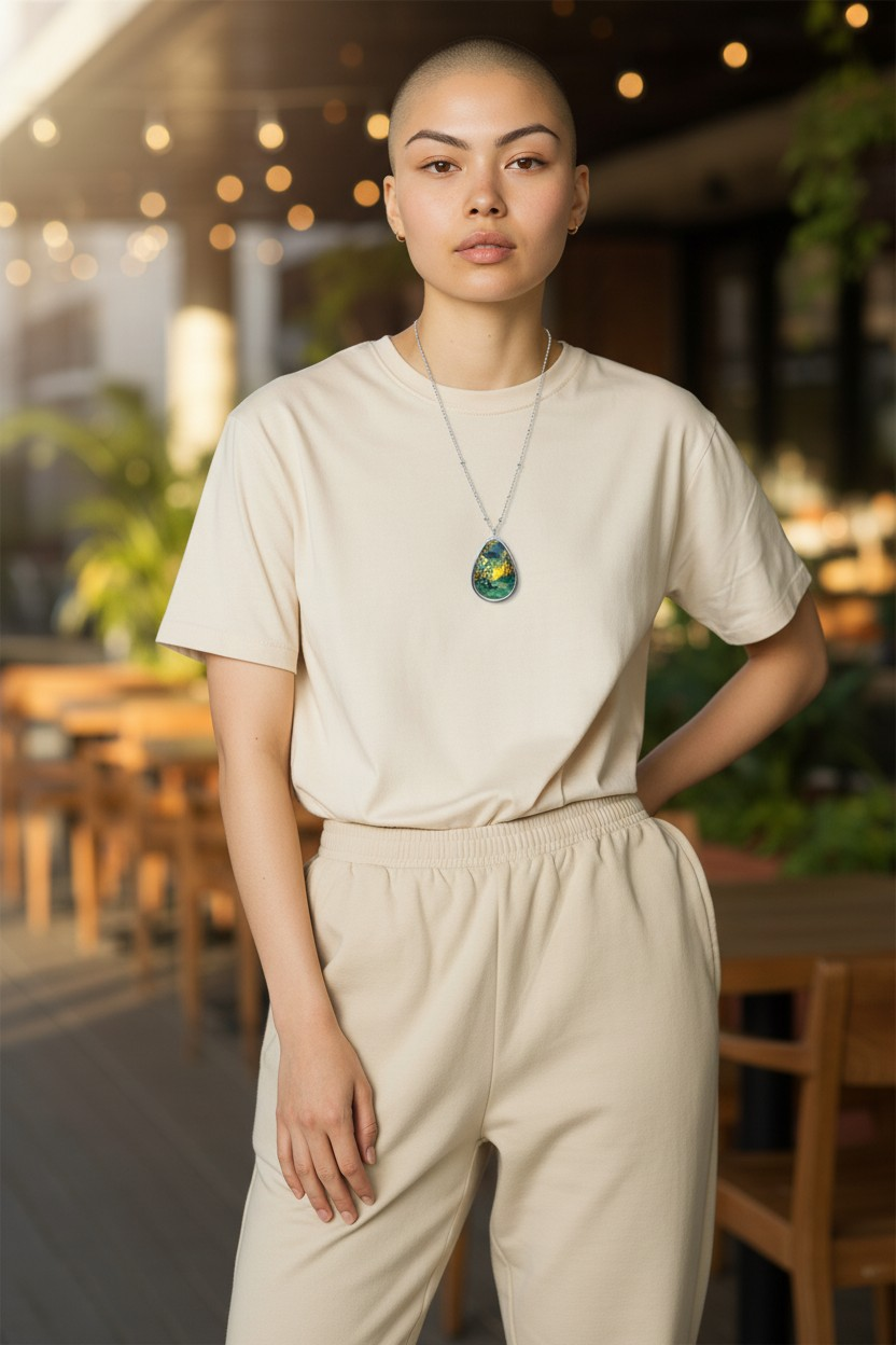 Silver Oval Pendant Necklace with Hand-painted Green Fire Forest Nature Art