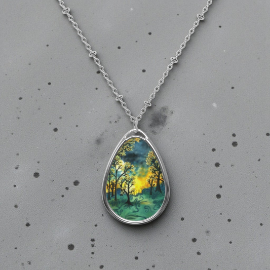 Silver Oval Pendant Necklace with Hand-painted Green Fire Forest Nature Art