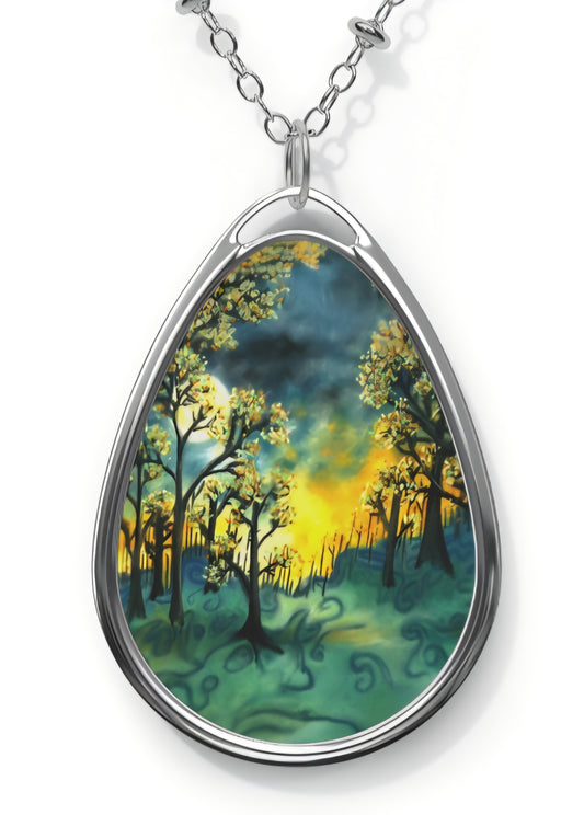 Silver Oval Pendant Necklace with Hand-painted Green Fire Forest Nature Art
