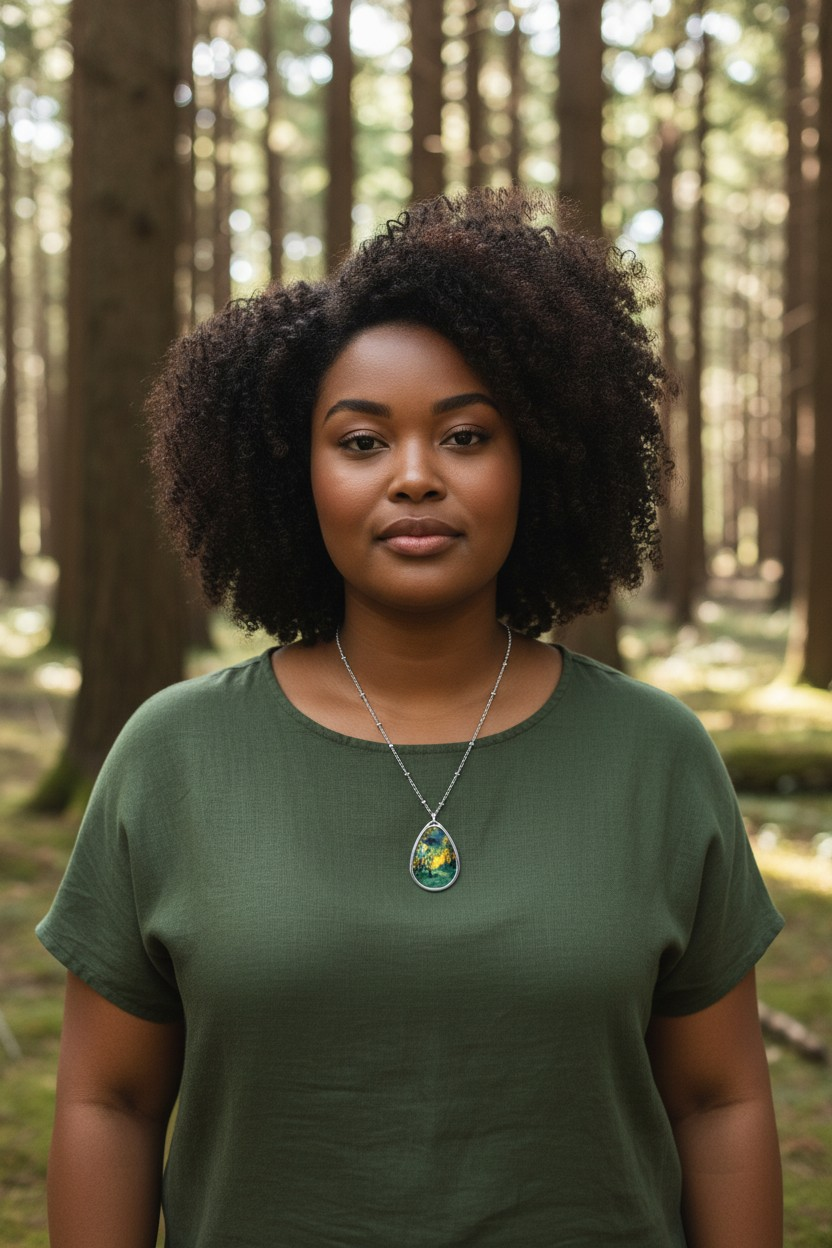 Silver Oval Pendant Necklace with Hand-painted Green Fire Forest Nature Art