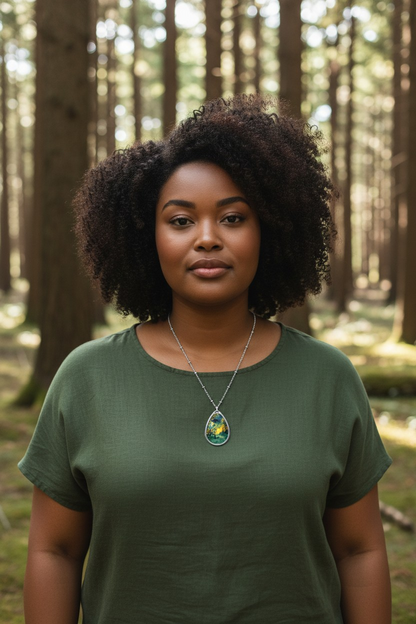 Silver Oval Pendant Necklace with Hand-painted Green Fire Forest Nature Art