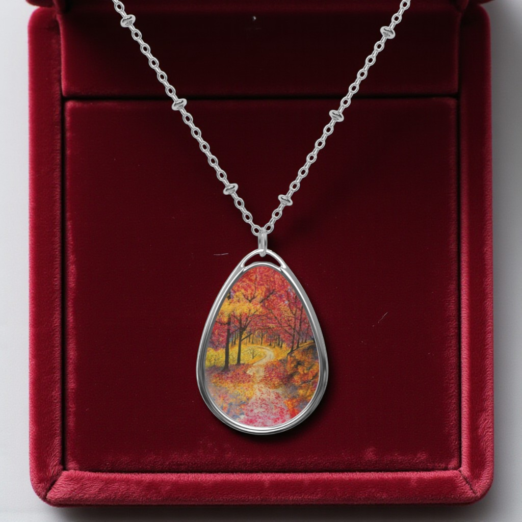 Silver Oval Pendant Necklace with Hand-painted Fall Forest Road Nature Art