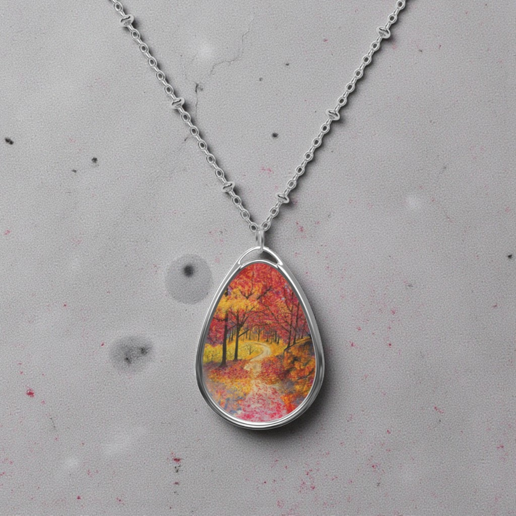 Silver Oval Pendant Necklace with Hand-painted Fall Forest Road Nature Art