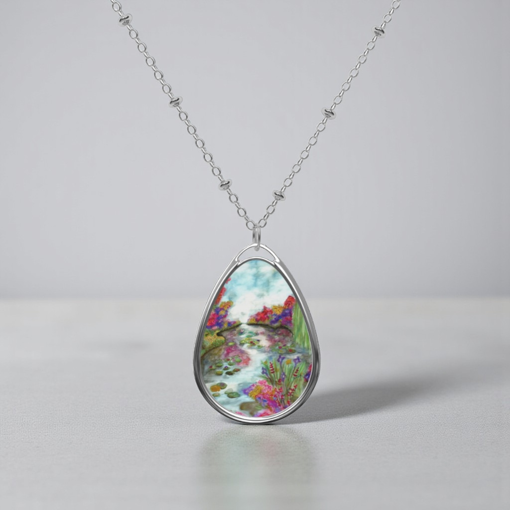 Silver Oval Pendant Necklace with Hand-painted Flowers on the Pond Nature Art