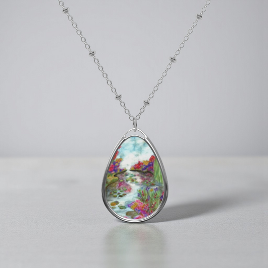 Silver Oval Pendant Necklace with Hand-painted Flowers on the Pond Nature Art