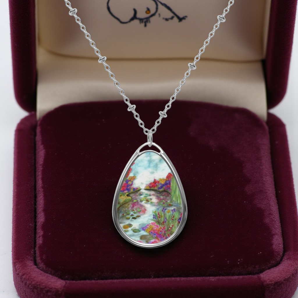 Silver Oval Pendant Necklace with Hand-painted Flowers on the Pond Nature Art