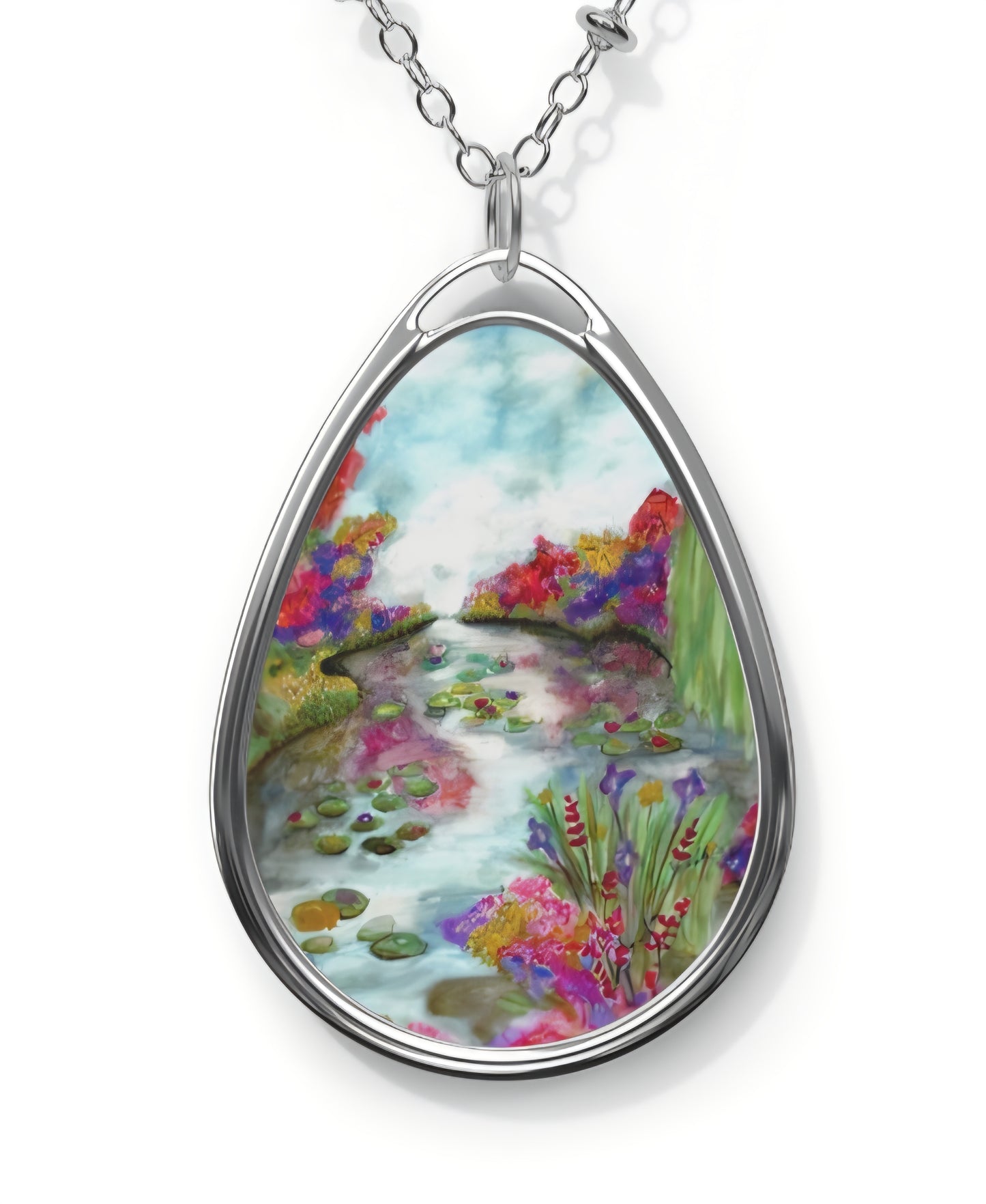 Silver Oval Pendant Necklace with Hand-painted Flowers on the Pond Nature Art