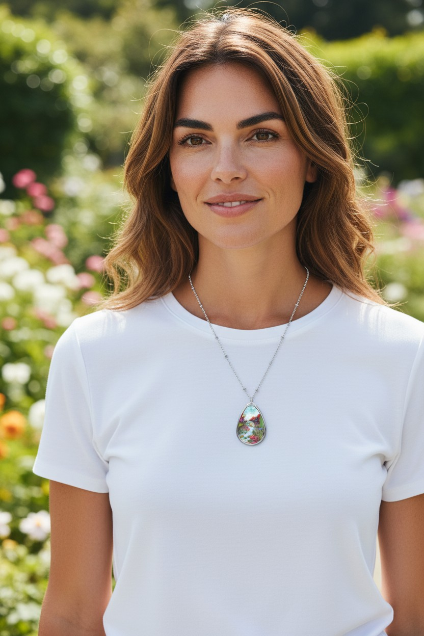 Silver Oval Pendant Necklace with Hand-painted Flowers on the Pond Nature Art