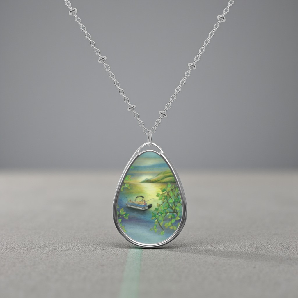 Silver Oval Pendant Necklace with Hand-painted Pontoon Boat on Lake Art