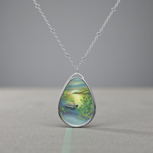 Silver Oval Pendant Necklace with Hand-painted Pontoon Boat on Lake Art