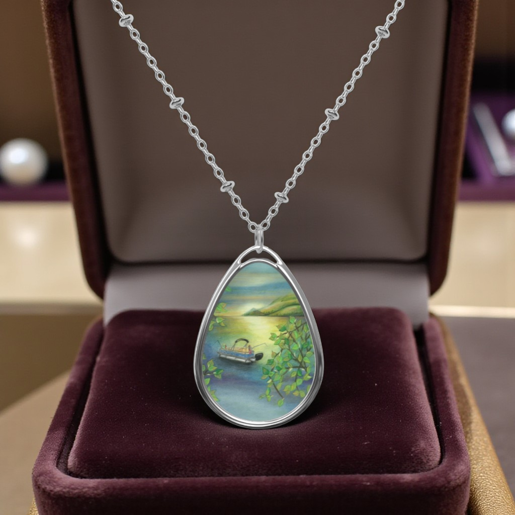 Silver Oval Pendant Necklace with Hand-painted Pontoon Boat on Lake Art
