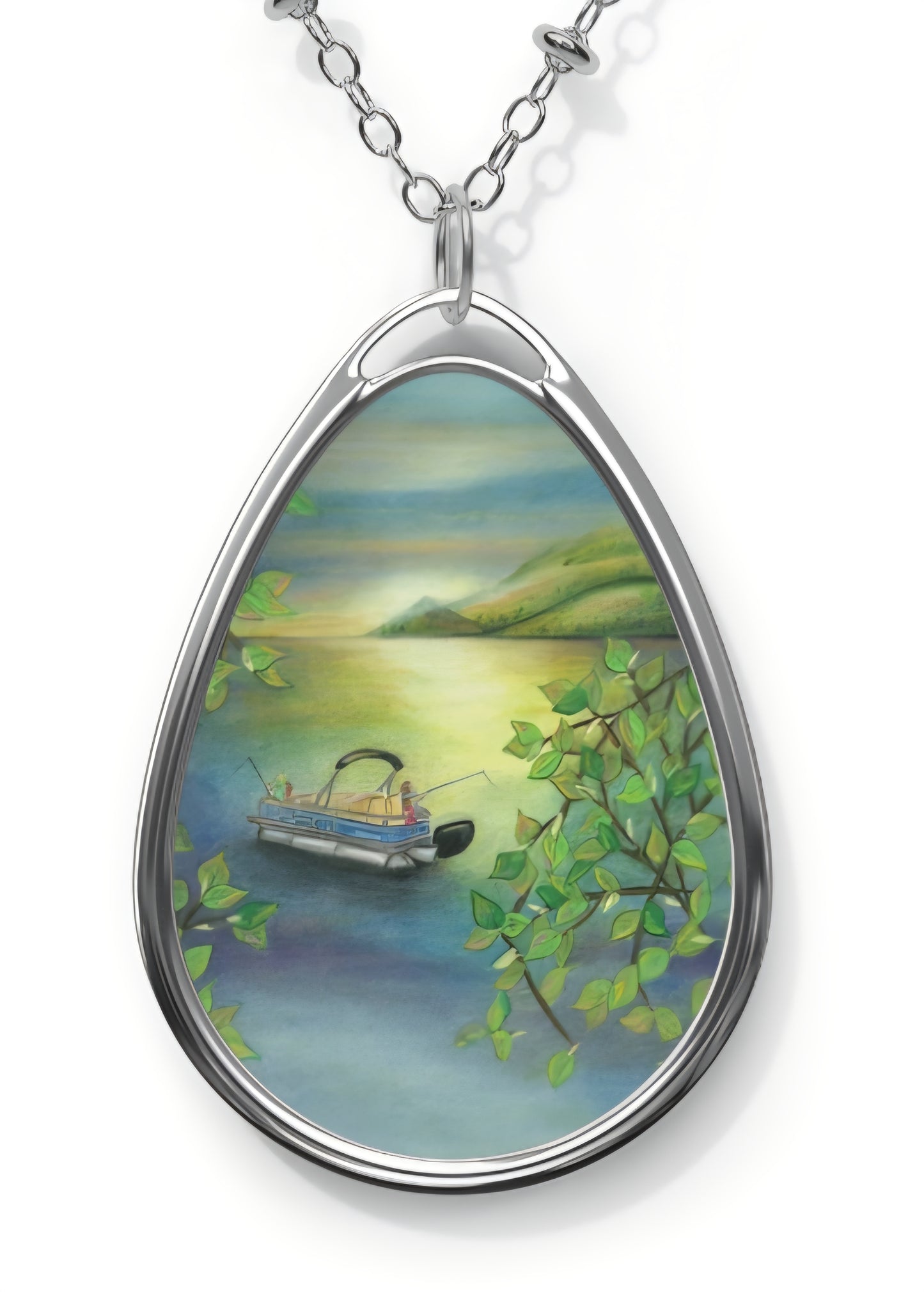 Silver Oval Pendant Necklace with Hand-painted Pontoon Boat on Lake Art