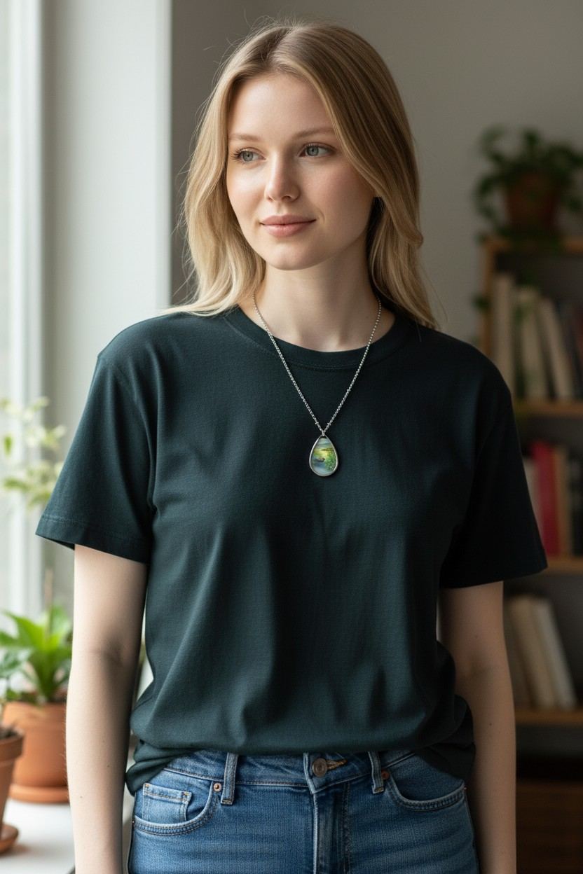 Silver Oval Pendant Necklace with Hand-painted Pontoon Boat on Lake Art