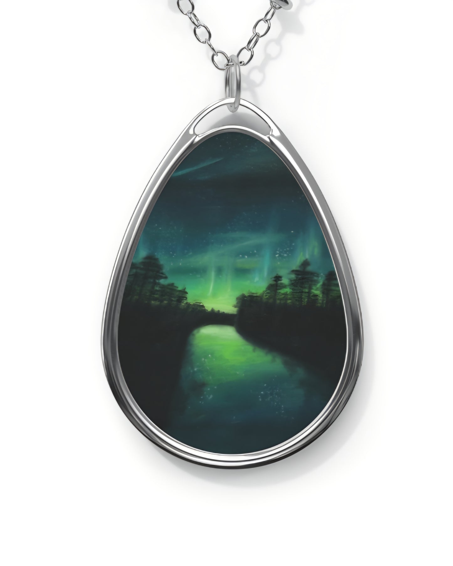 Silver Oval Pendant Necklace with Hand-painted Aurora Northern Lights Art
