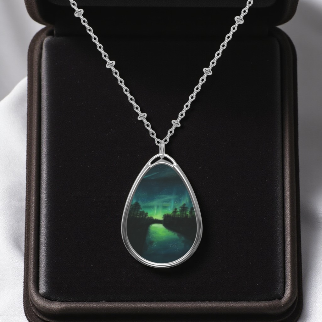 Silver Oval Pendant Necklace with Hand-painted Aurora Northern Lights Art