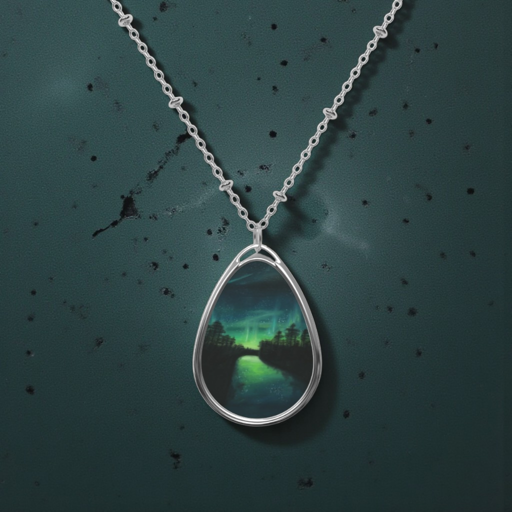 Silver Oval Pendant Necklace with Hand-painted Aurora Northern Lights Art
