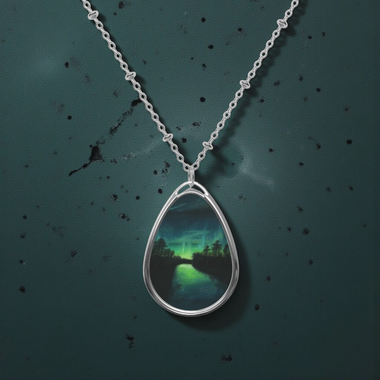 Silver Oval Pendant Necklace with Hand-painted Aurora Northern Lights Art