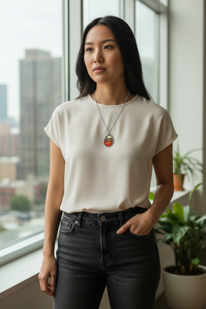 Silver Oval Pendant Necklace with Hand-painted Sleeping Giant Sunset Art