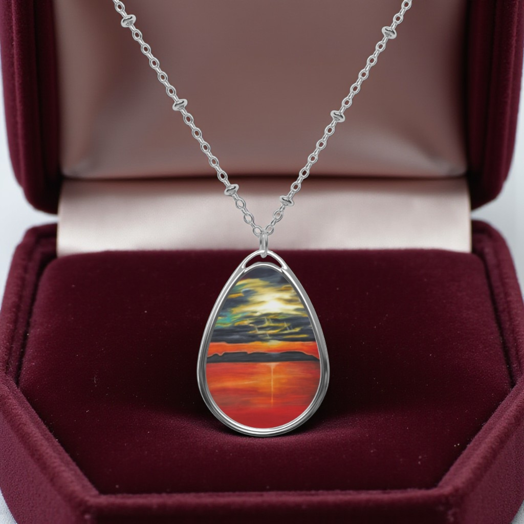 Silver Oval Pendant Necklace with Hand-painted Sleeping Giant Sunset Art