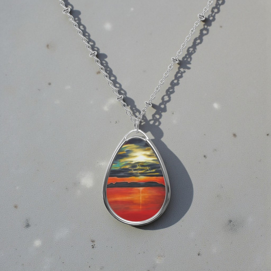 Silver Oval Pendant Necklace with Hand-painted Sleeping Giant Sunset Art