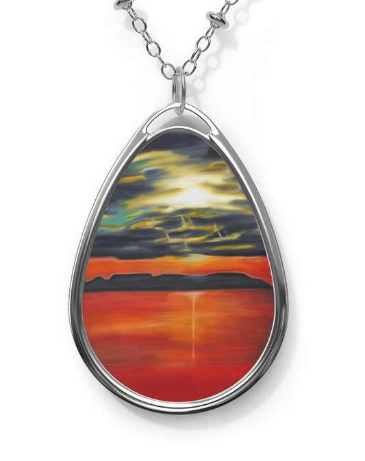 Silver Oval Pendant Necklace with Hand-painted Sleeping Giant Sunset Art