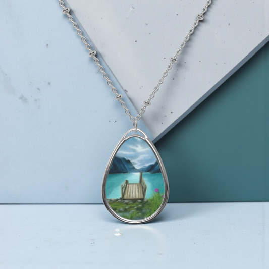 Silver Oval Pendant Necklace with Hand-painted Peaceful Lake Retreat Art