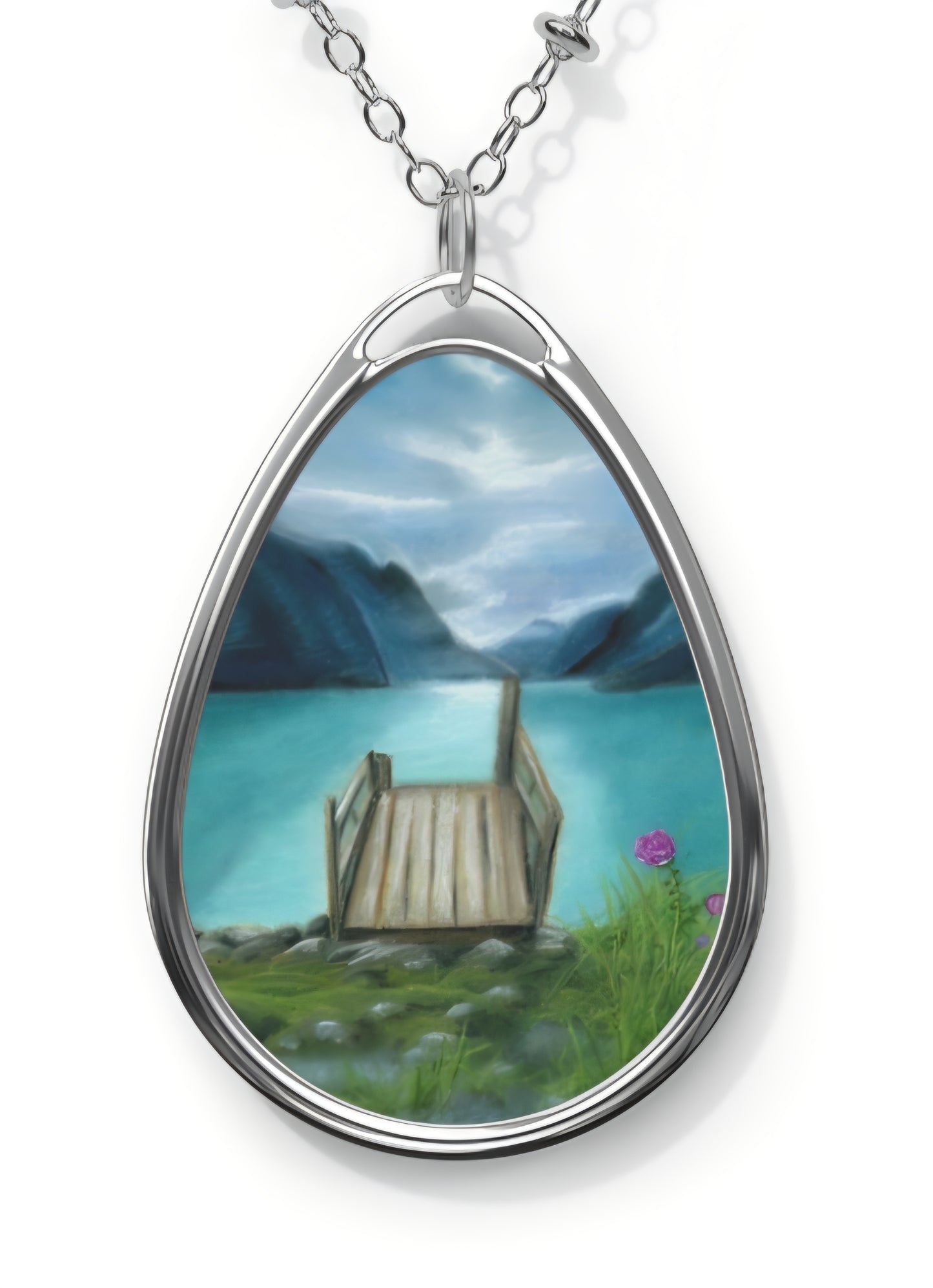 Silver Oval Pendant Necklace with Hand-painted Peaceful Lake Retreat Art