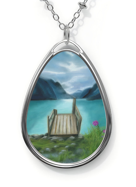 Silver Oval Pendant Necklace with Hand-painted Peaceful Lake Retreat Art