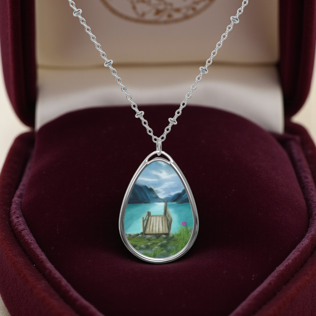 Silver Oval Pendant Necklace with Hand-painted Peaceful Lake Retreat Art