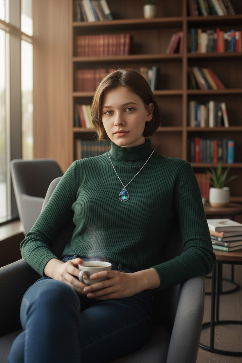 Silver Oval Pendant Necklace with Hand-painted Starry Night Nature Art