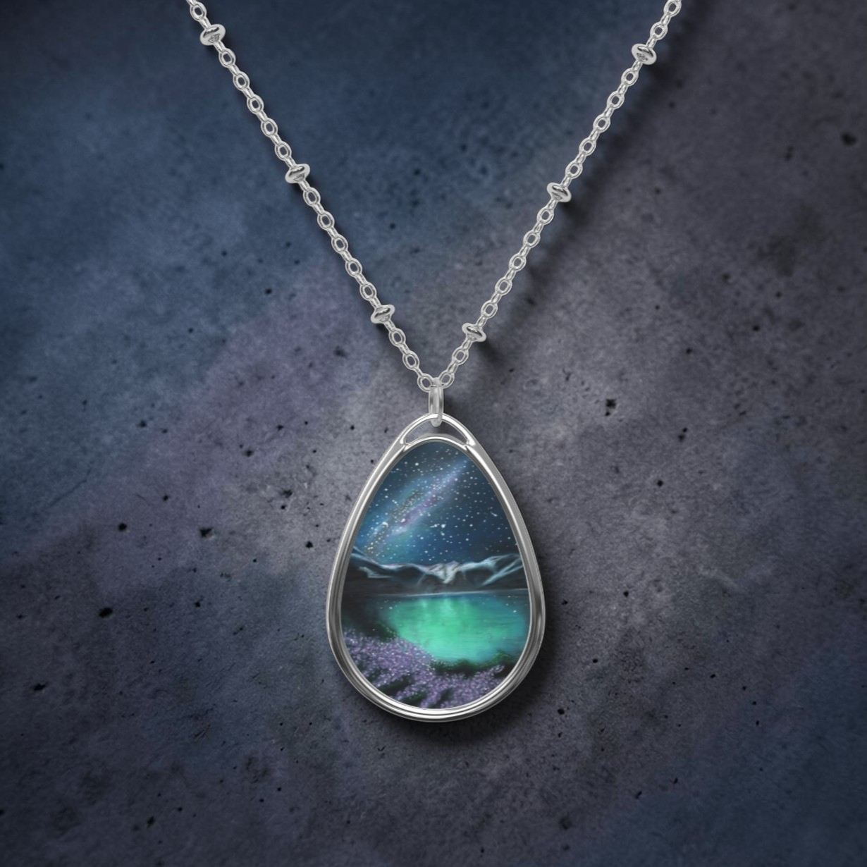 Silver Oval Pendant Necklace with Hand-painted Starry Night Nature Art