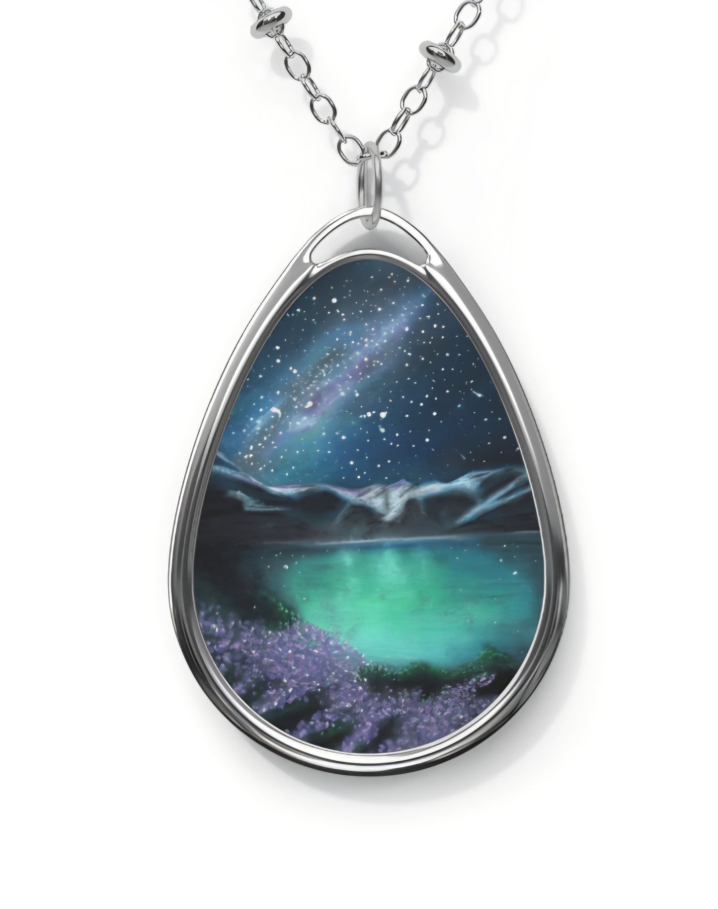 Silver Oval Pendant Necklace with Hand-painted Starry Night Nature Art