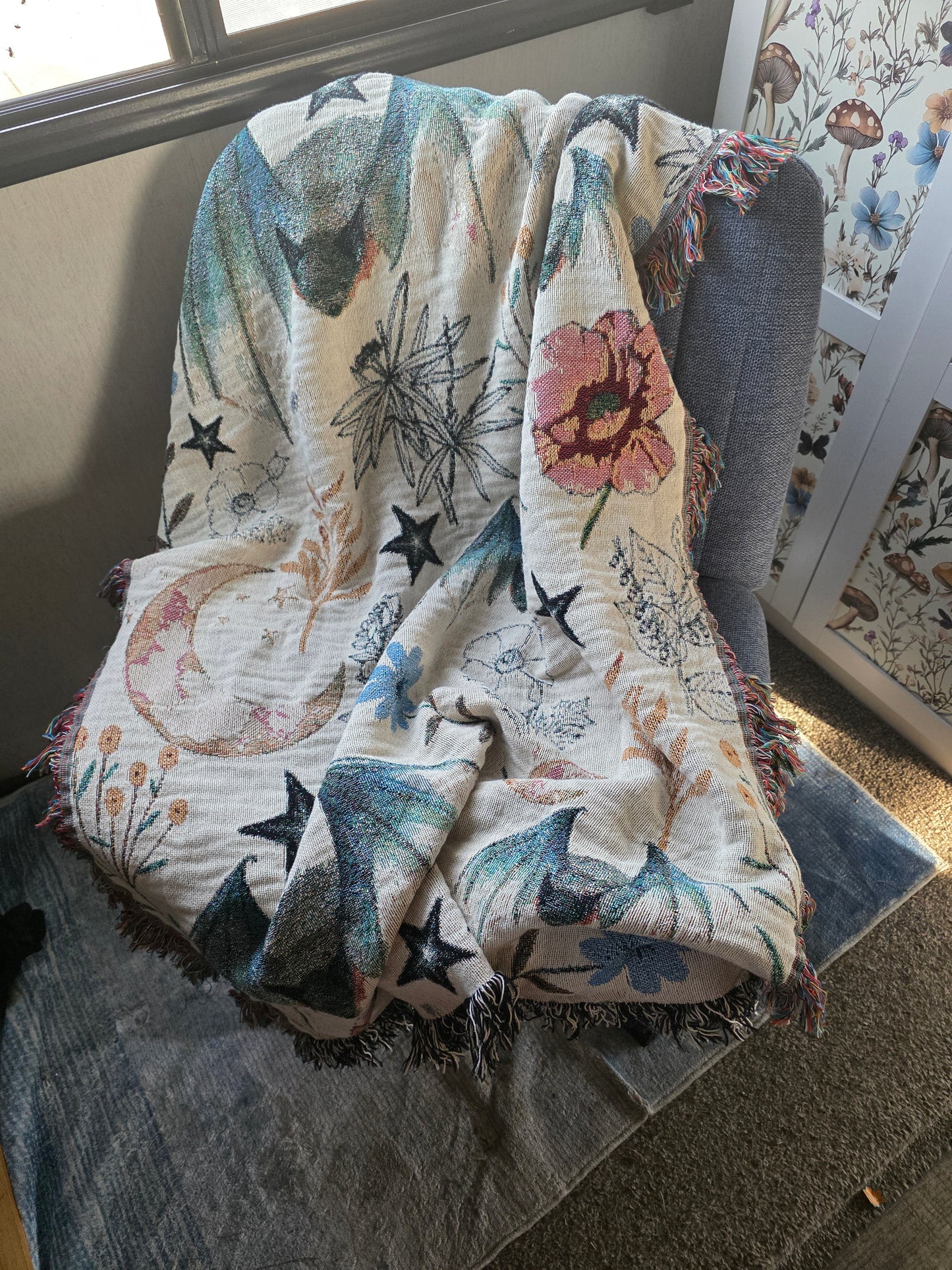 Celestial Bat Woven Blanket — Moon & Star Throw with Botanical Accents