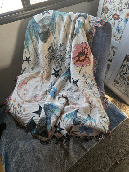 Celestial Bat Woven Blanket — Moon & Star Throw with Botanical Accents