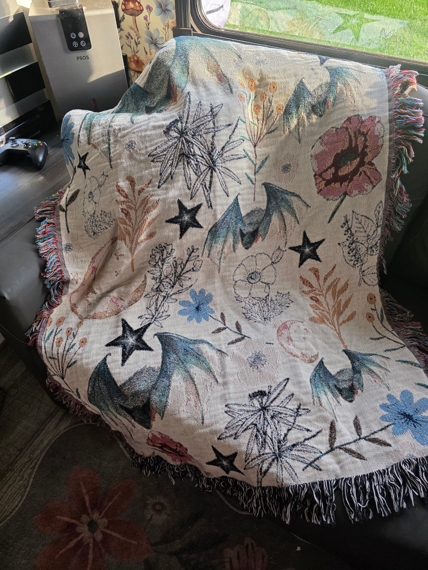 Celestial Bat Woven Blanket — Moon & Star Throw with Botanical Accents